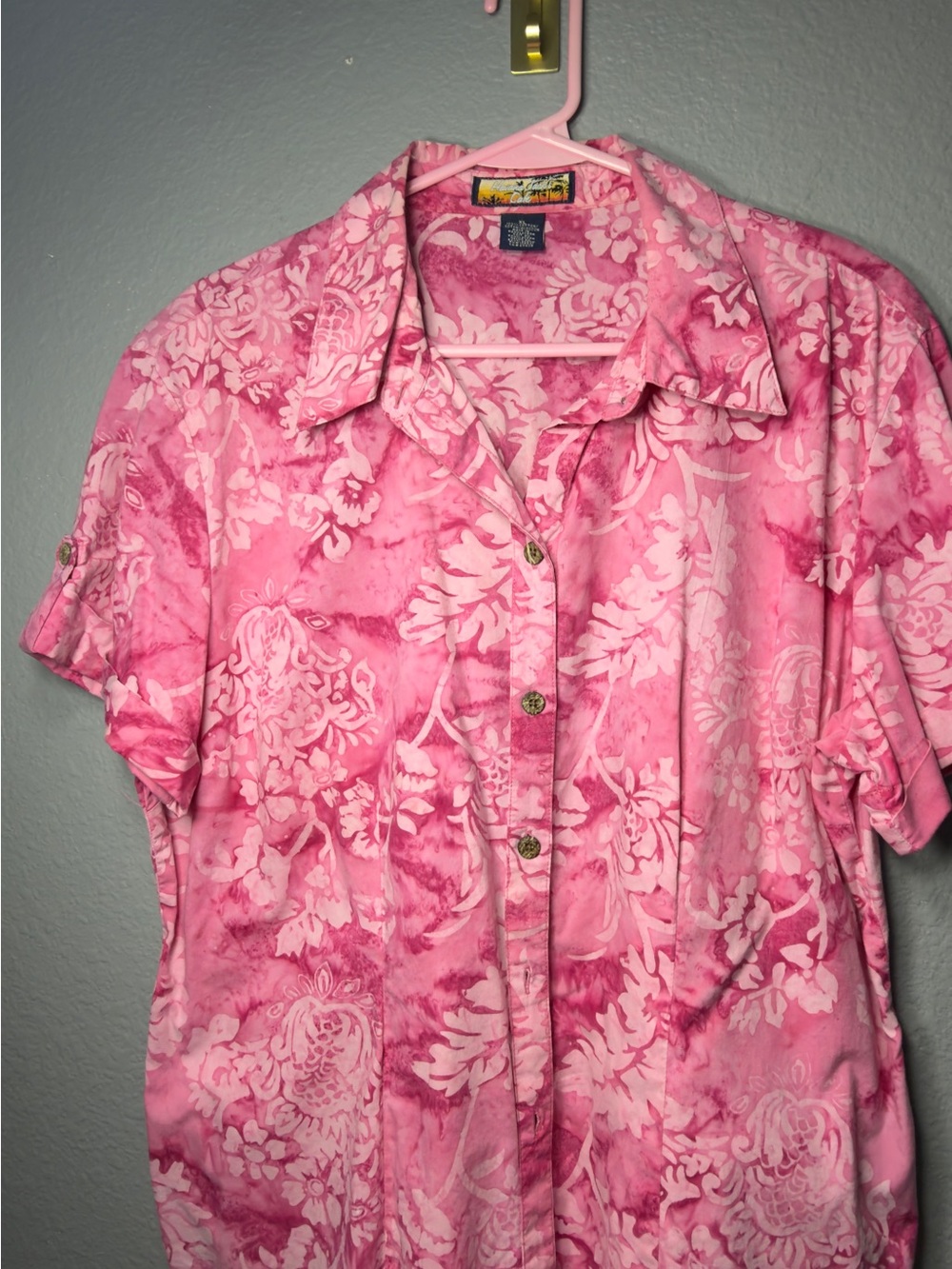 Pink Floral Short-Sleeve Button-Down Shirt - Relaxed Collared Top